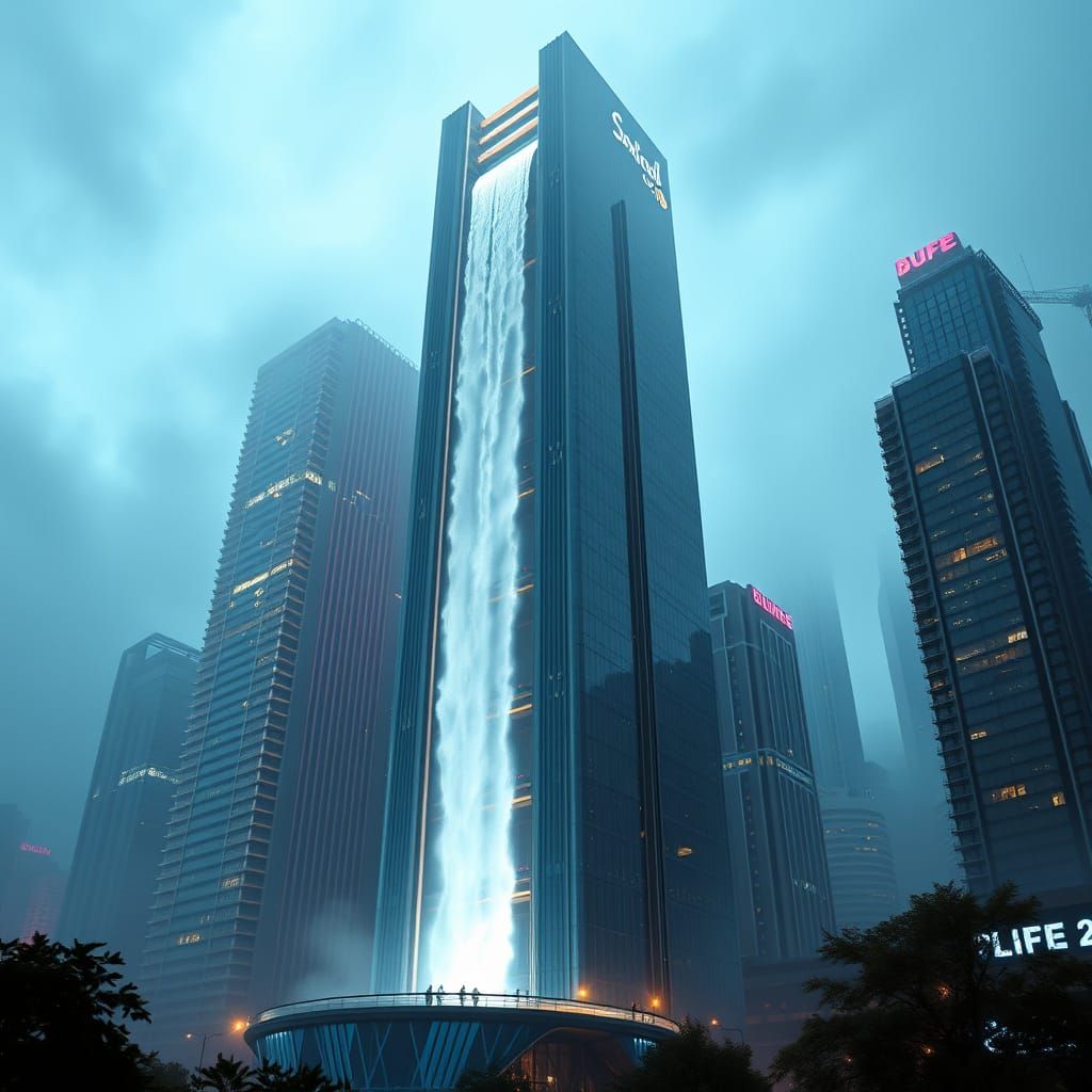 Waterfall Cascading Down Futuristic Skyscraper in 8k