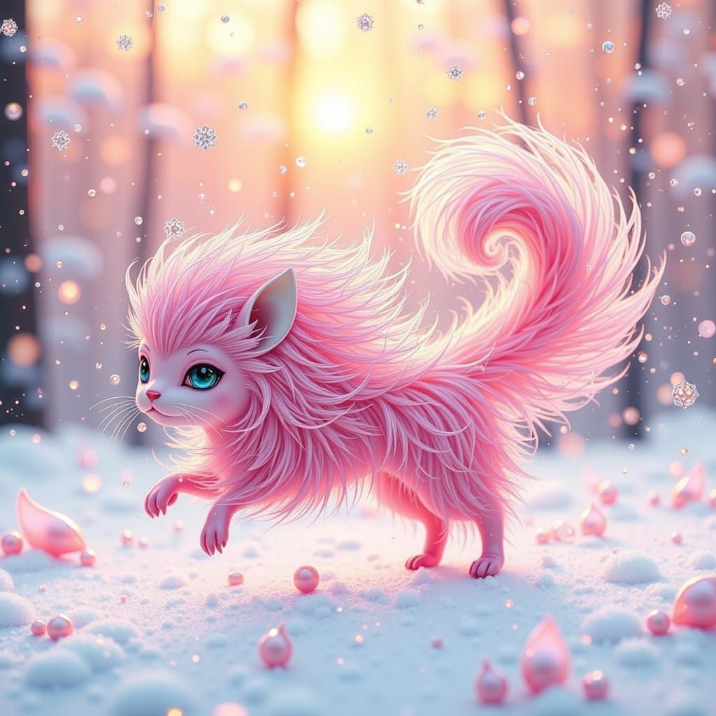Pink Cat Plays in Snow, Papercut Style
