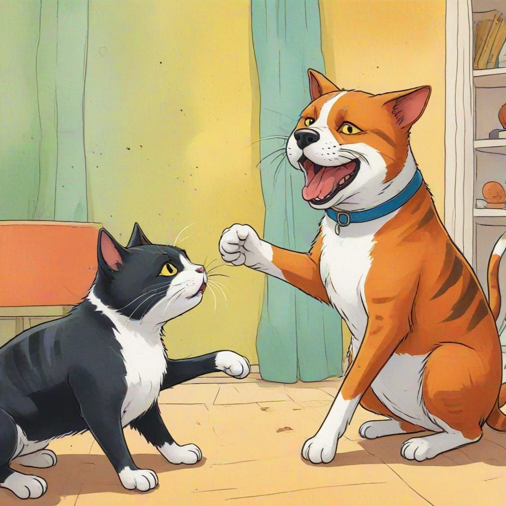 Humorous French Comic Style Cat and Dog Fight