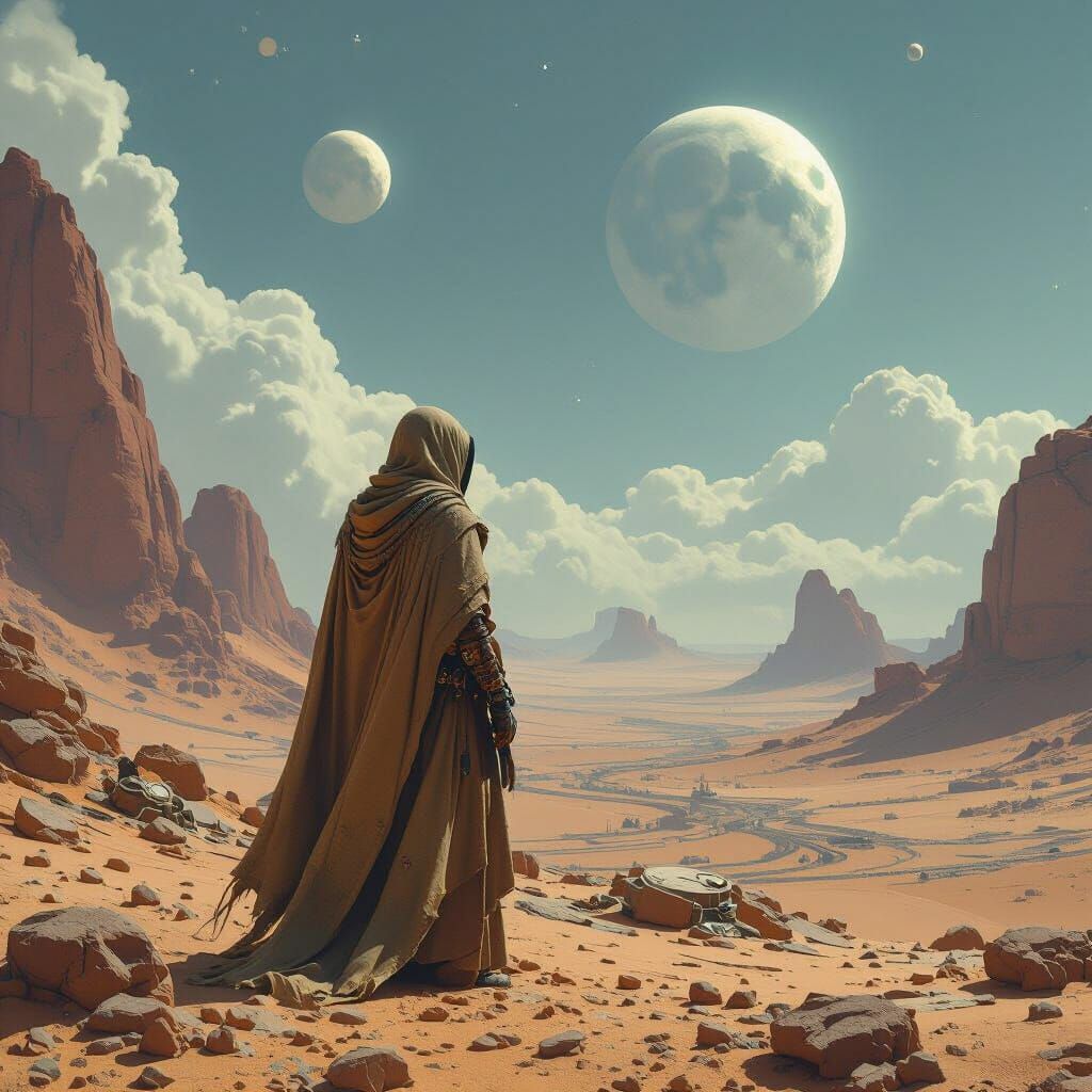 Alien Desert Traveler Under Twin Moons in Matte Painting Sty...