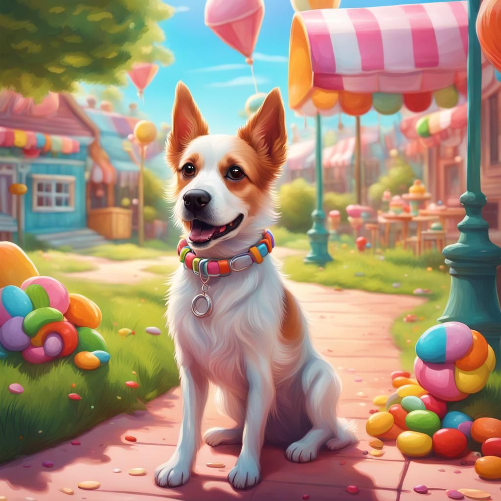 Dog Walks in Summer Place in Candy Art Style