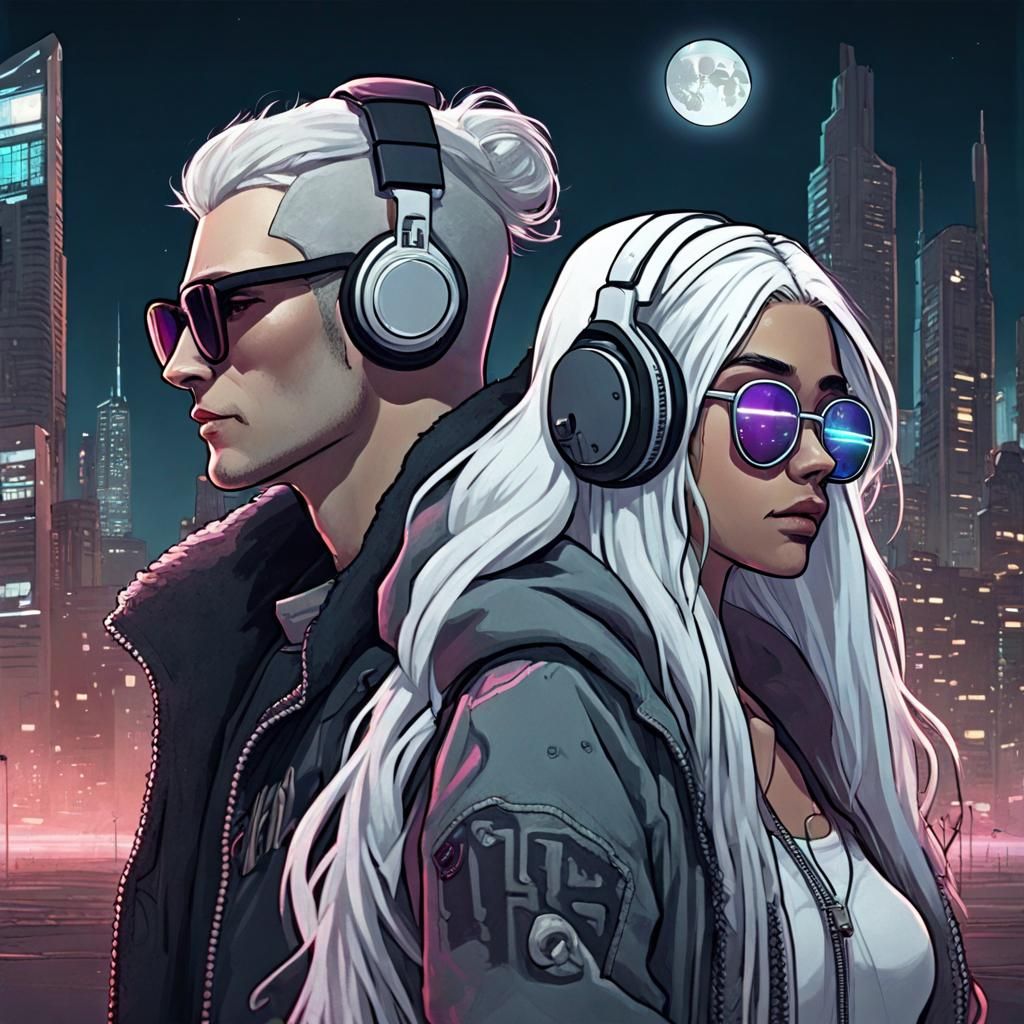 Cyberpunk Couple Gazing at Moonlit City