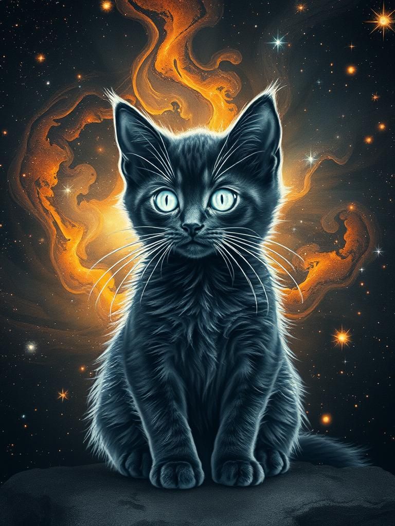 Mystical Kitten Silhouette in Starry Night Sky