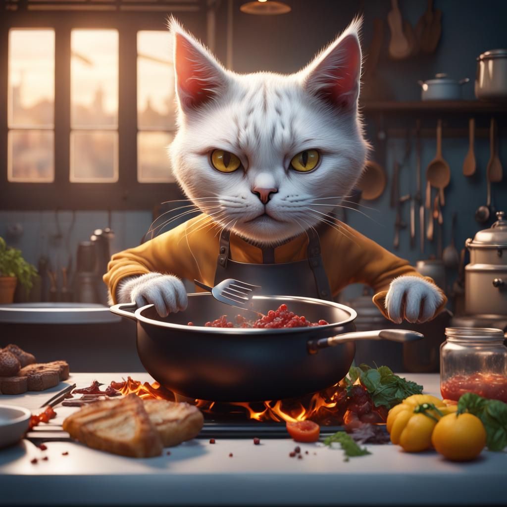Stressed Cat Cooking: Detailed Fantasy Art