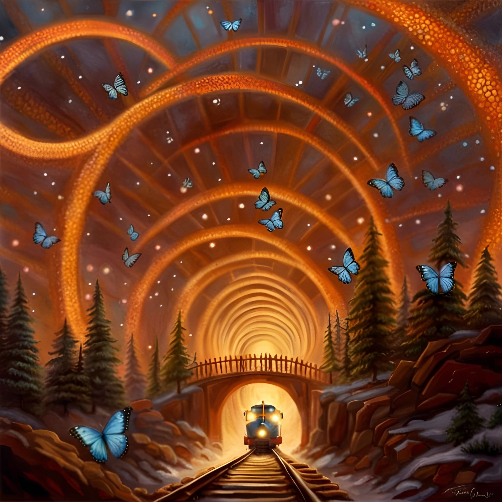 Enchanted Forest Steam Train in Pointillist Style