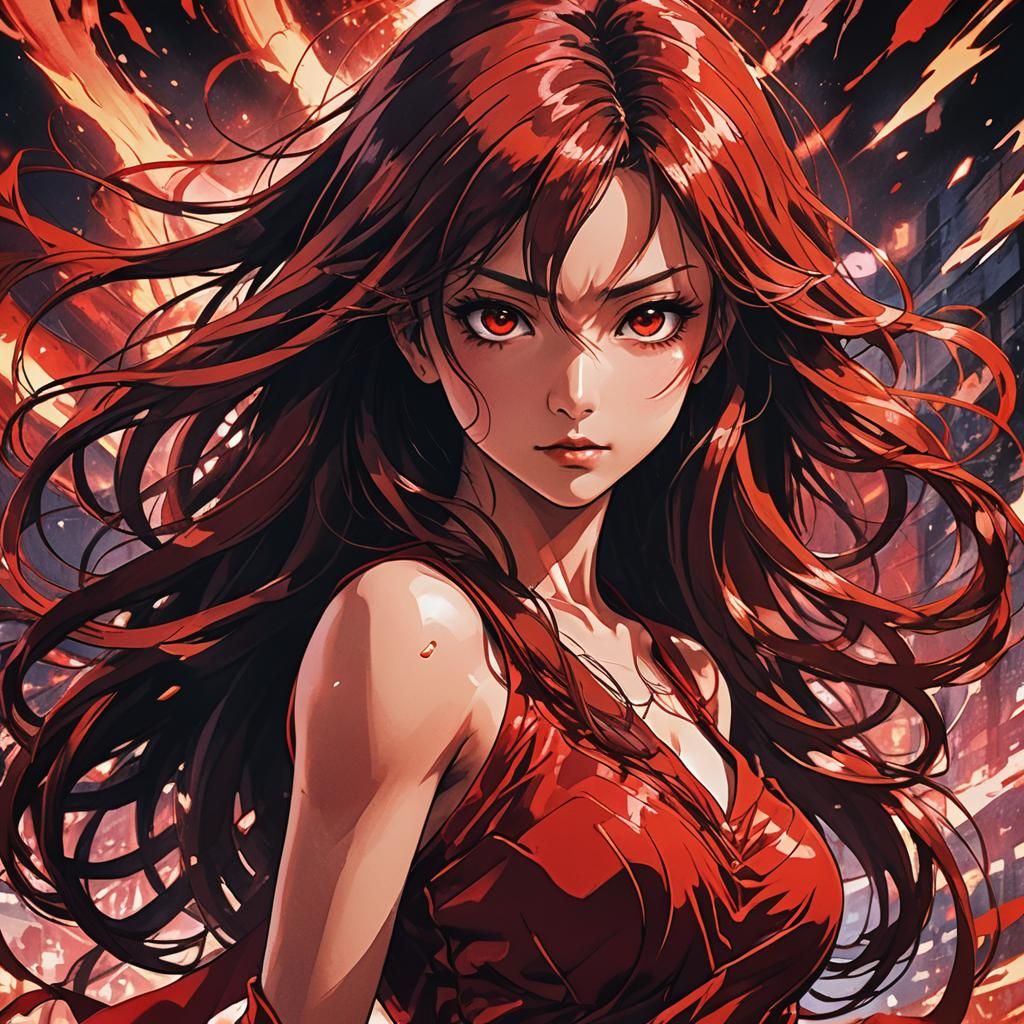 Dynamic Manga Scan of a Lady in Red