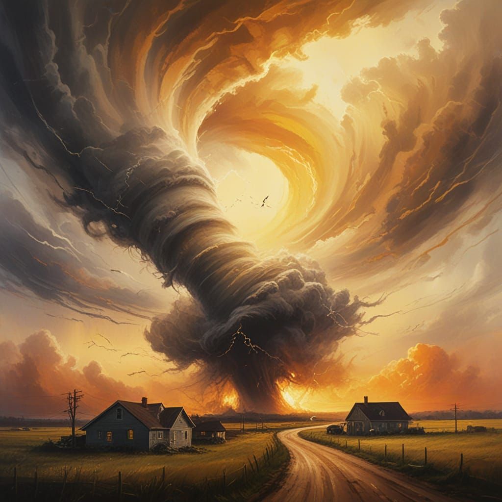Terrifying Tornado Approaches Town in Vibrant Acrylic Painti...