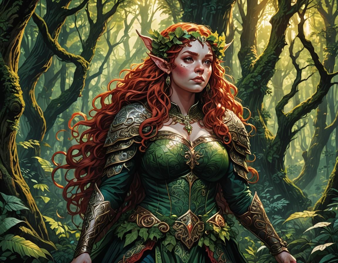 Fantasy Elf in Lush Forest, Comic Book Art