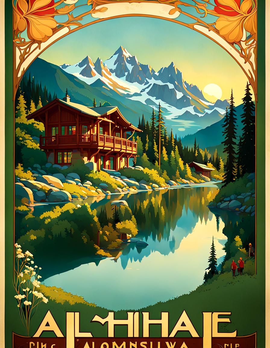 Art Nouveau Family Mountain Vacation Poster