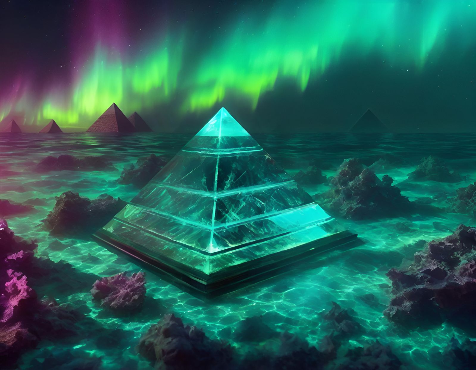 Underwater Teal Crystal Pyramid with Aurora Lights