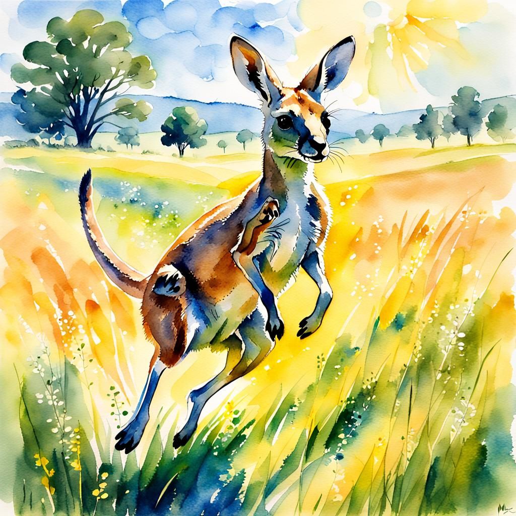 Kangaroo Leaping in Meadow: Watercolor Impressionism