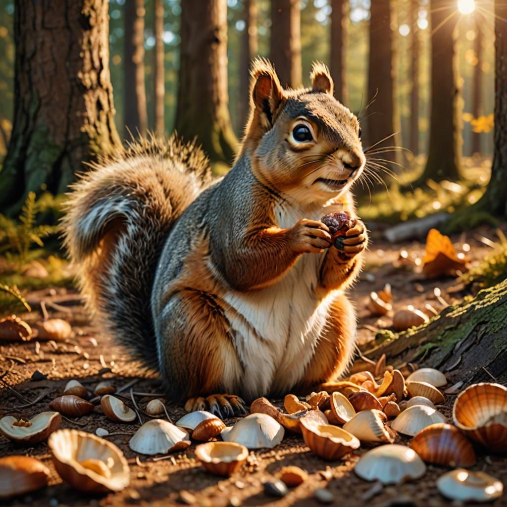 Whimsical Fat Squirrel Illustration in Forest Setting