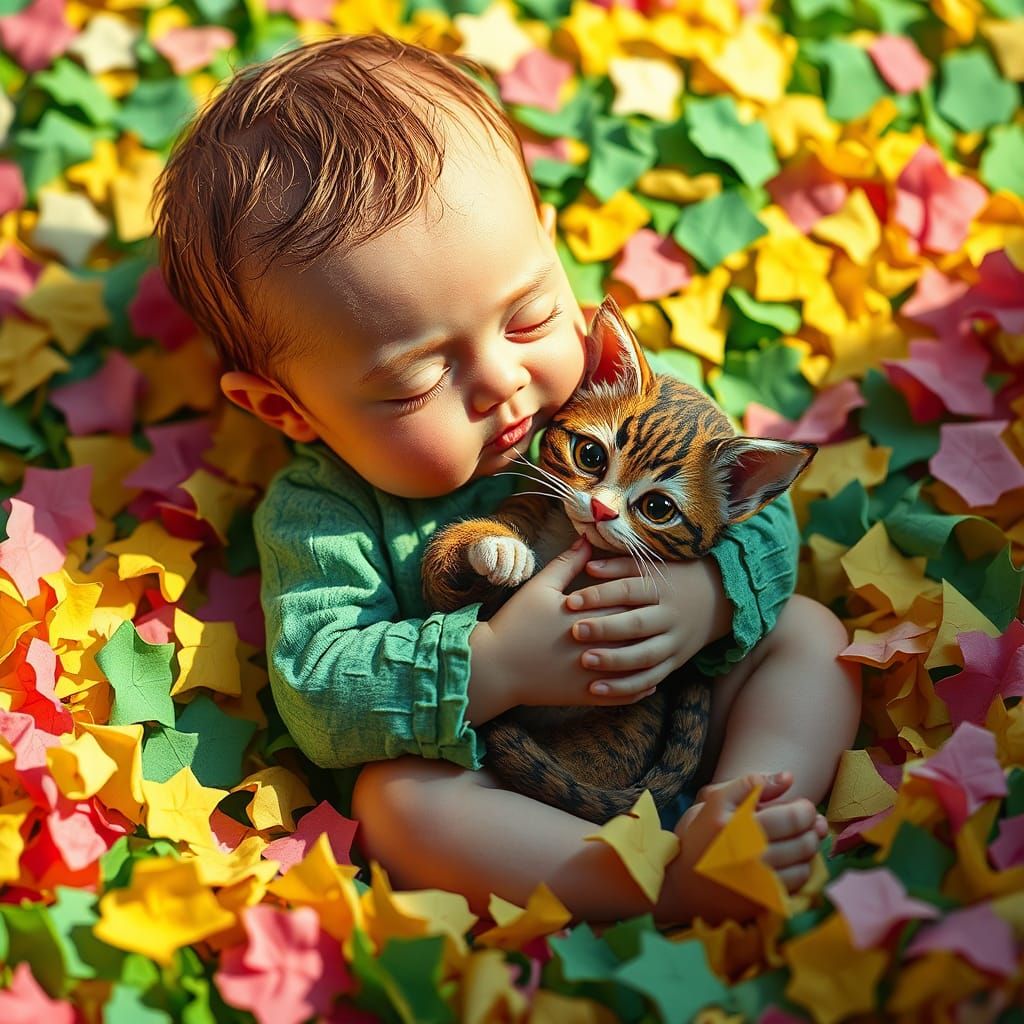 Papercraft Baby with Kitten in Splash Art Style