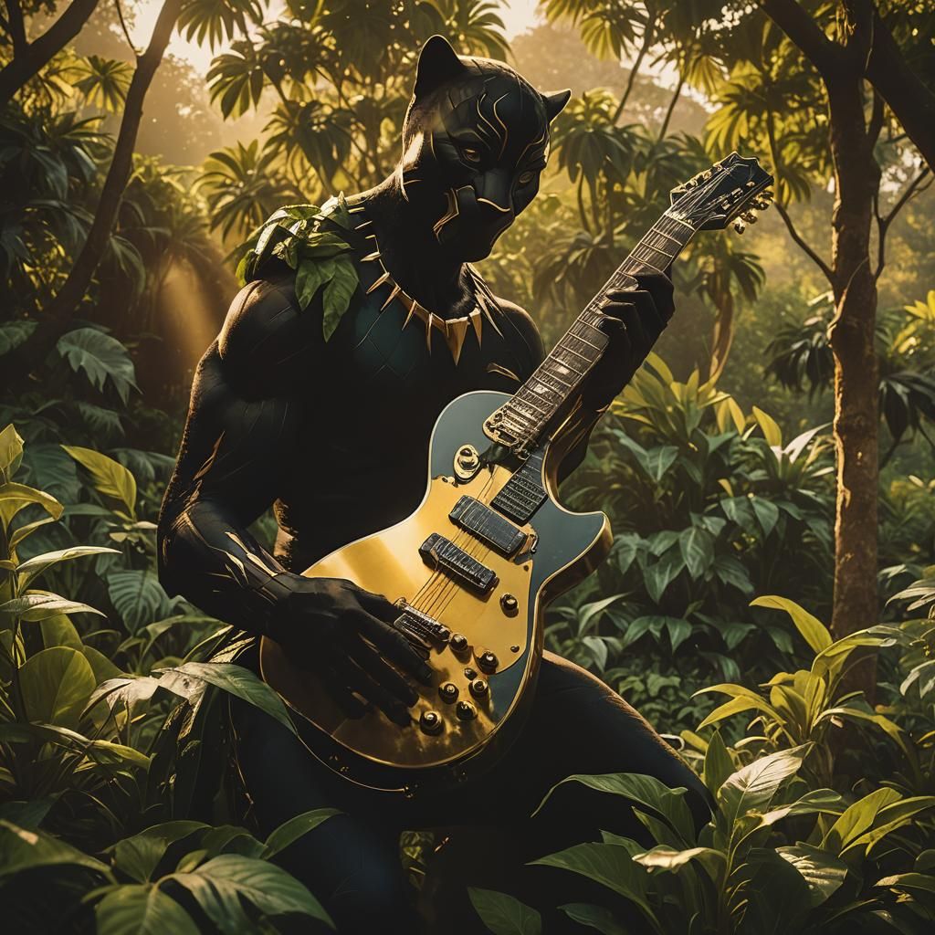 Black Panther Shadow on Golden Guitar: Cinematic Still