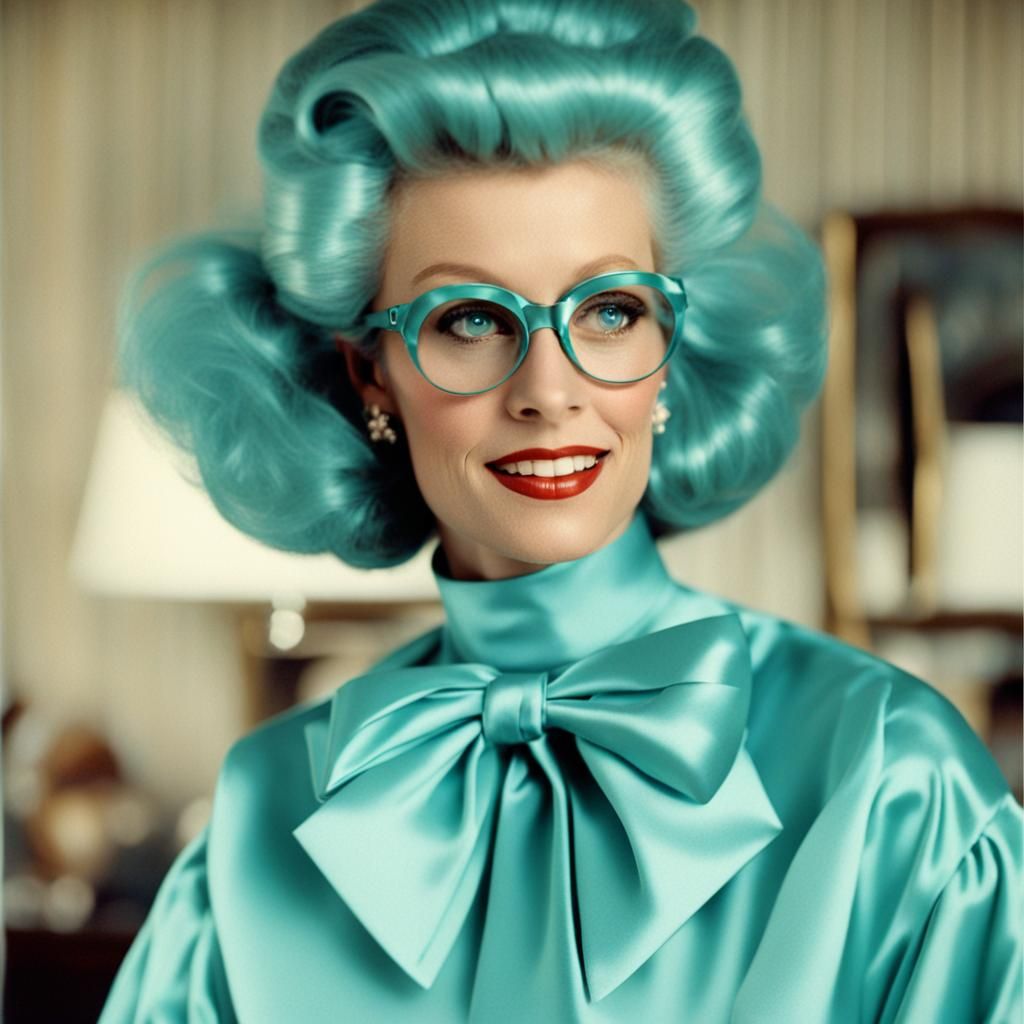 1980s Fashion: Turquoise Satin and Big Hair
