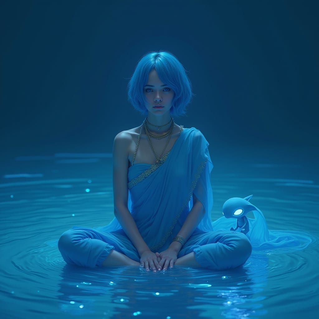 Blue Haired Woman Above Alien Ocean