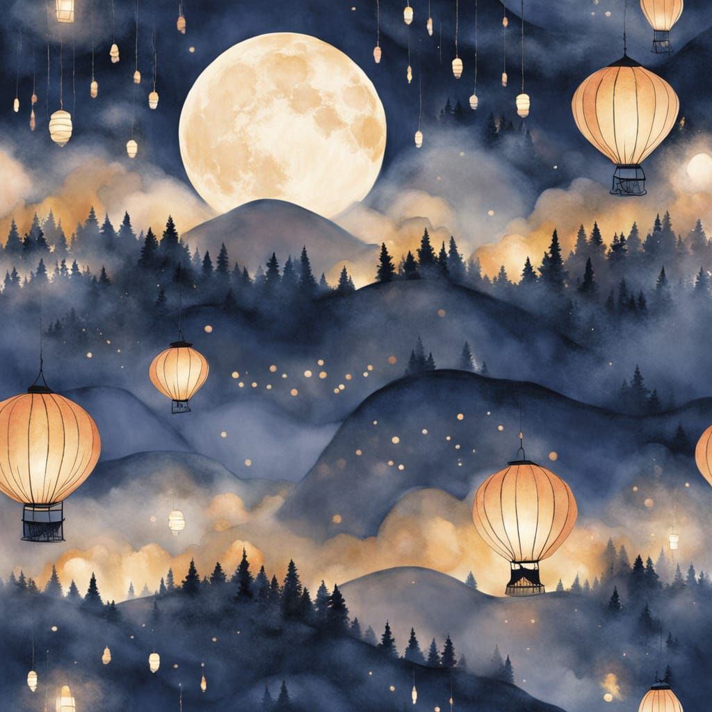 Whimsical Night Sky with Lanterns and Mist