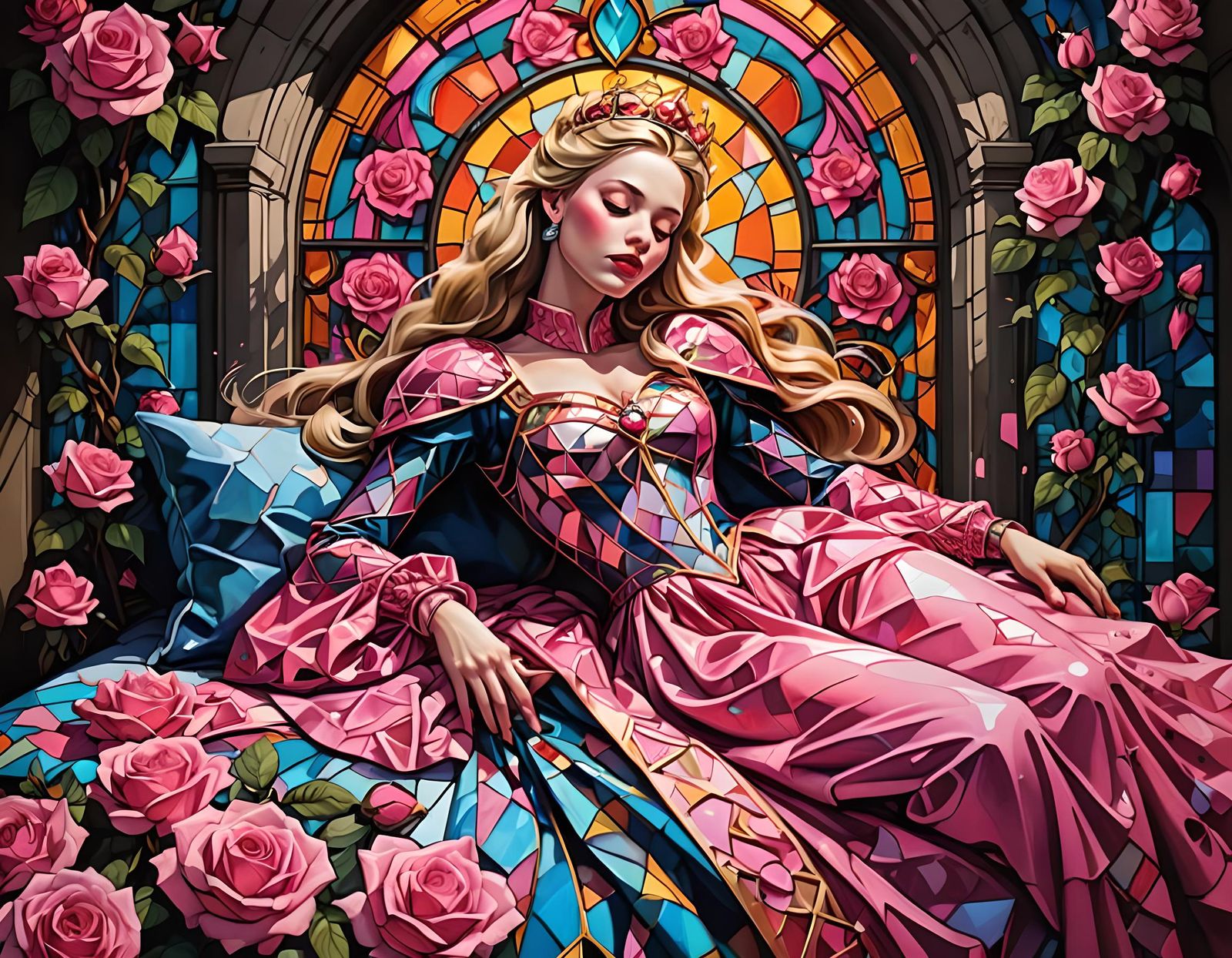 Sleeping Beauty in Pink Stained Glass Graffiti Art