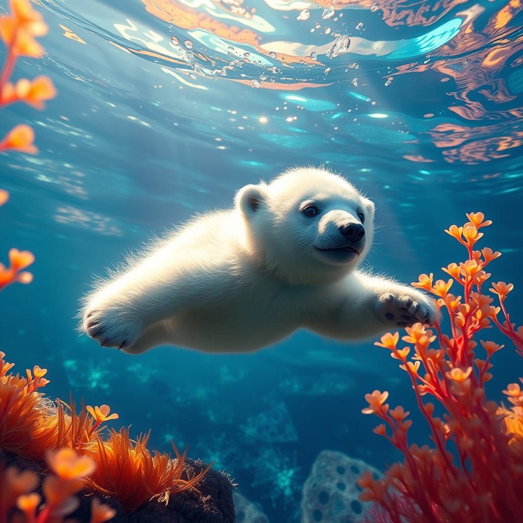 Magical Polar Bear Cub in Dreamlike Underwater Realm
