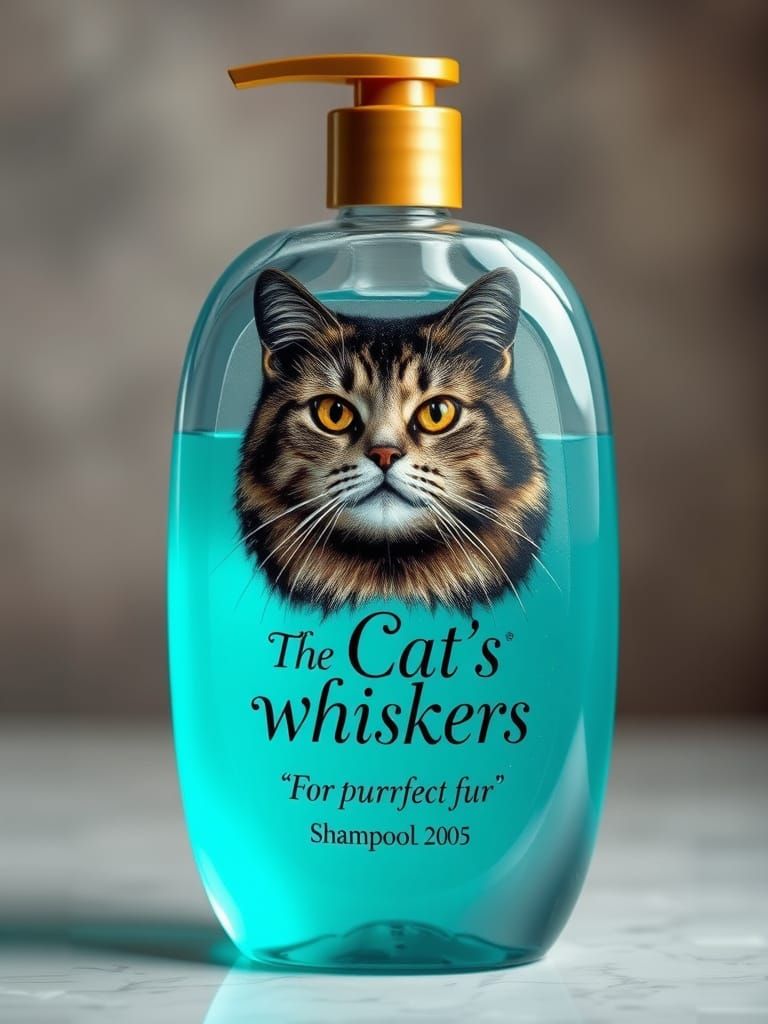 A bottle of shampoo showing an elegant cat - lettering 'The Cat's Whiskers - For purrfect fur'