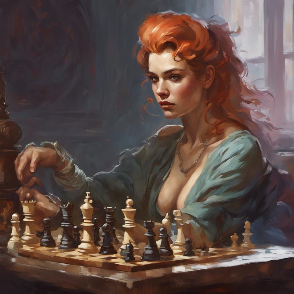Woman Playing Chess Portrait in Art Nouveau Style