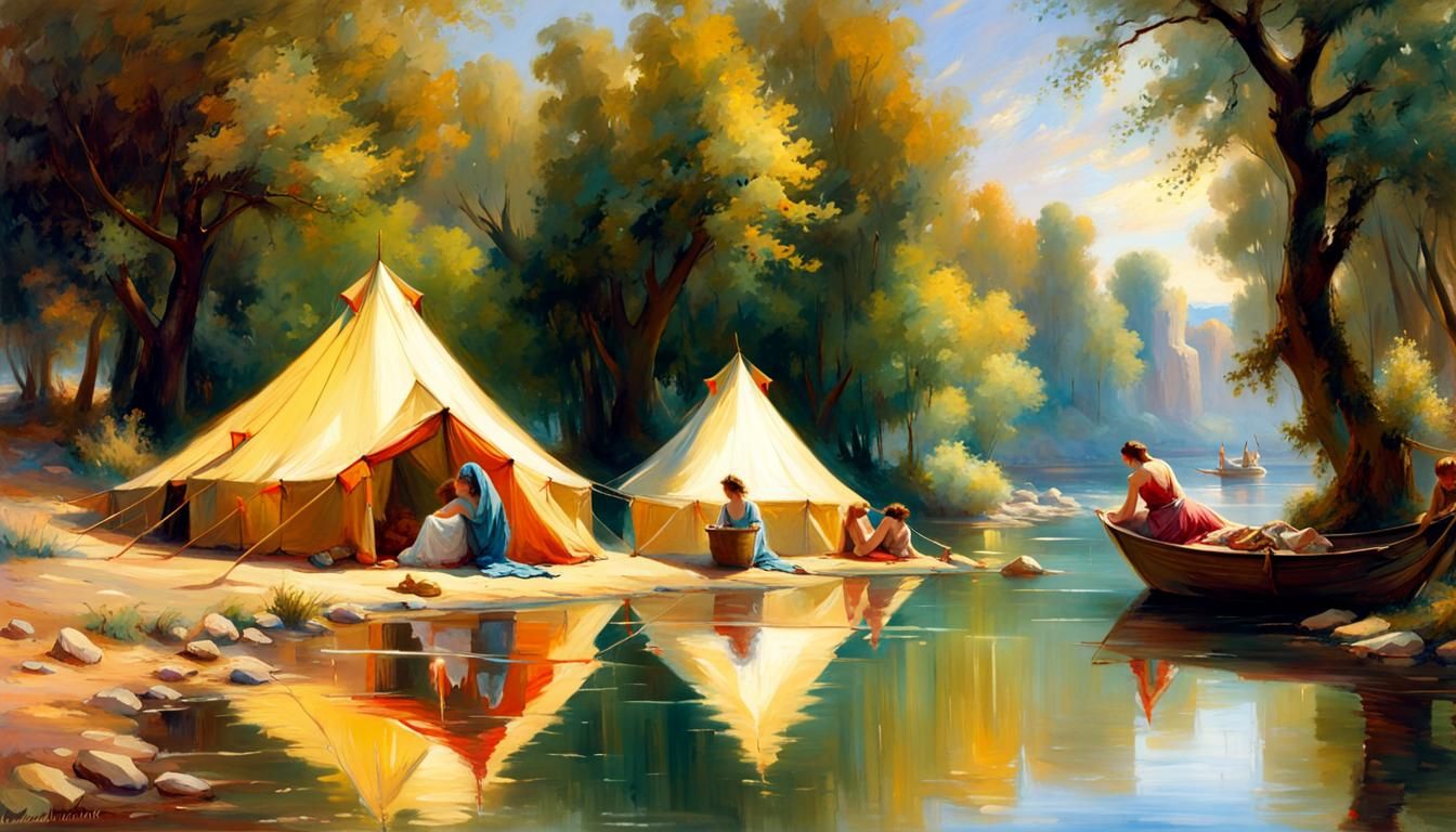 Riverside Campsite in Magical Realism Style