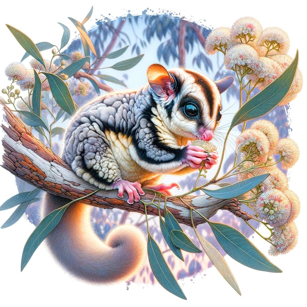 Sugar Glider Sipping Nectar in Watercolour Style