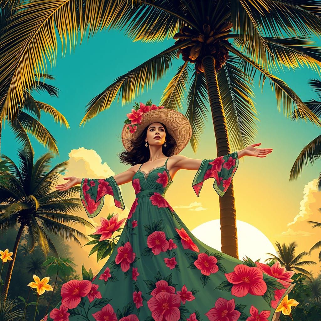 Elegant Woman Under Palm Tree in Tropical Sunset