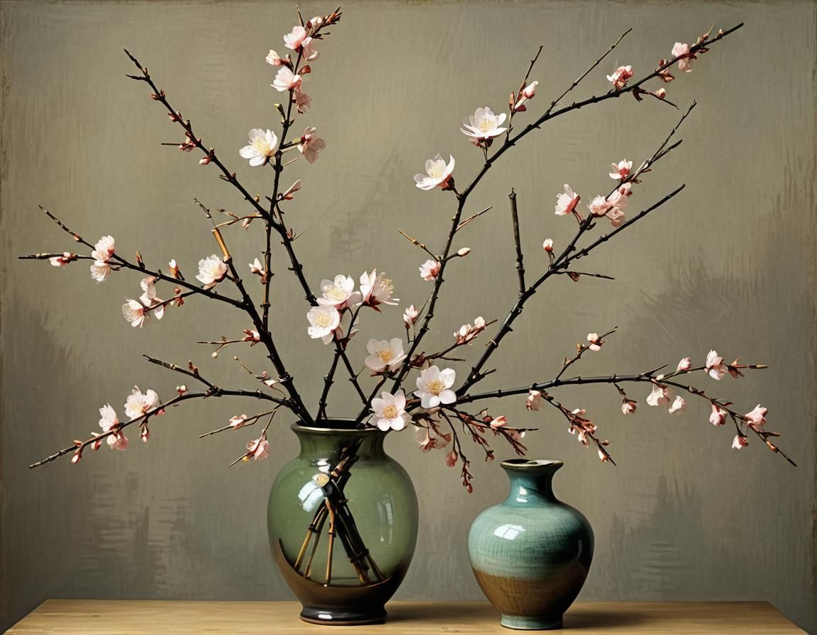 Ikebana Cherry Blossoms Arrangement, Painterly Style