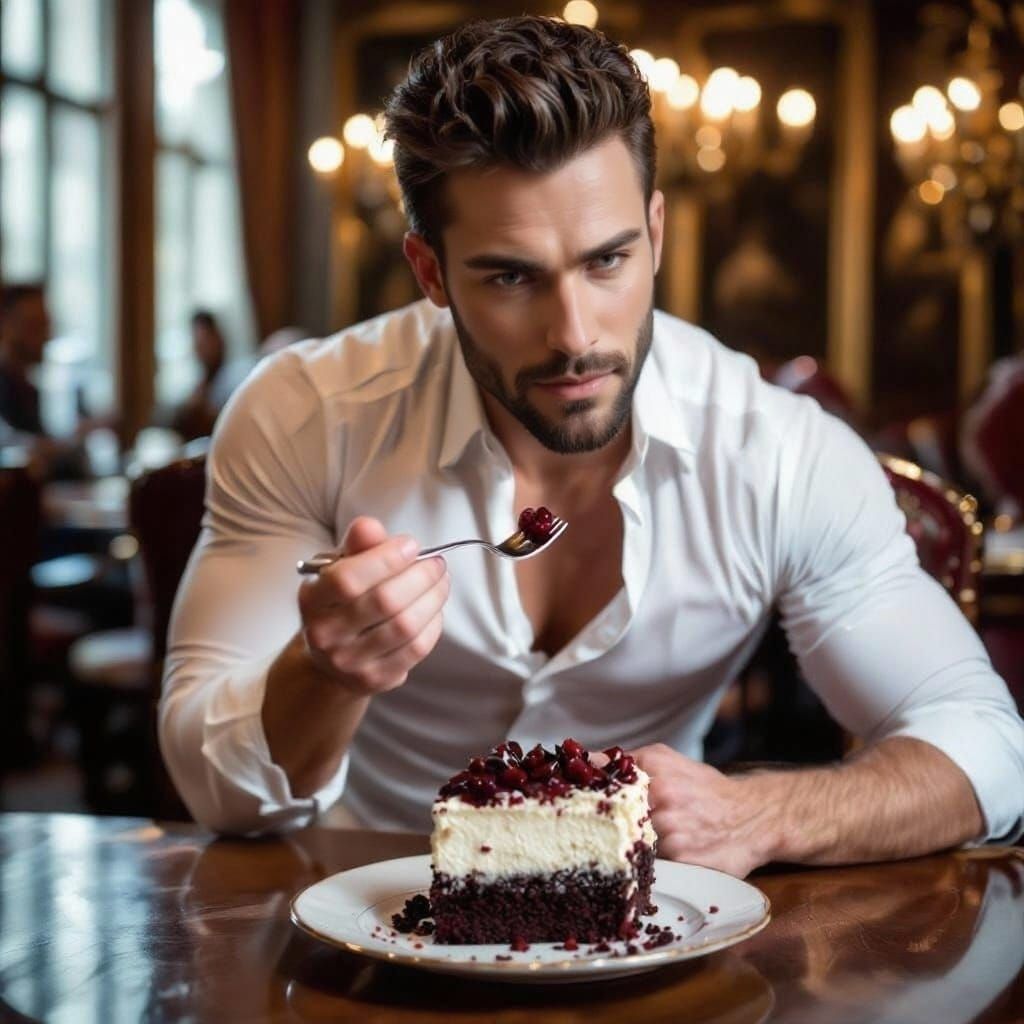 Muscular Man Eats Cake in Opulent Cafe