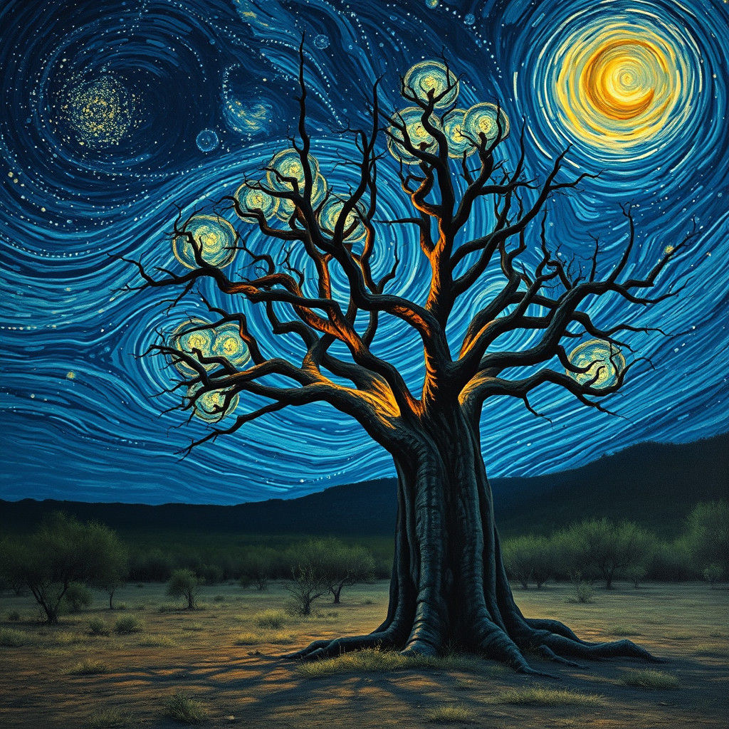 Baobab Tree Under Starry Night Sky in Van Gogh Style