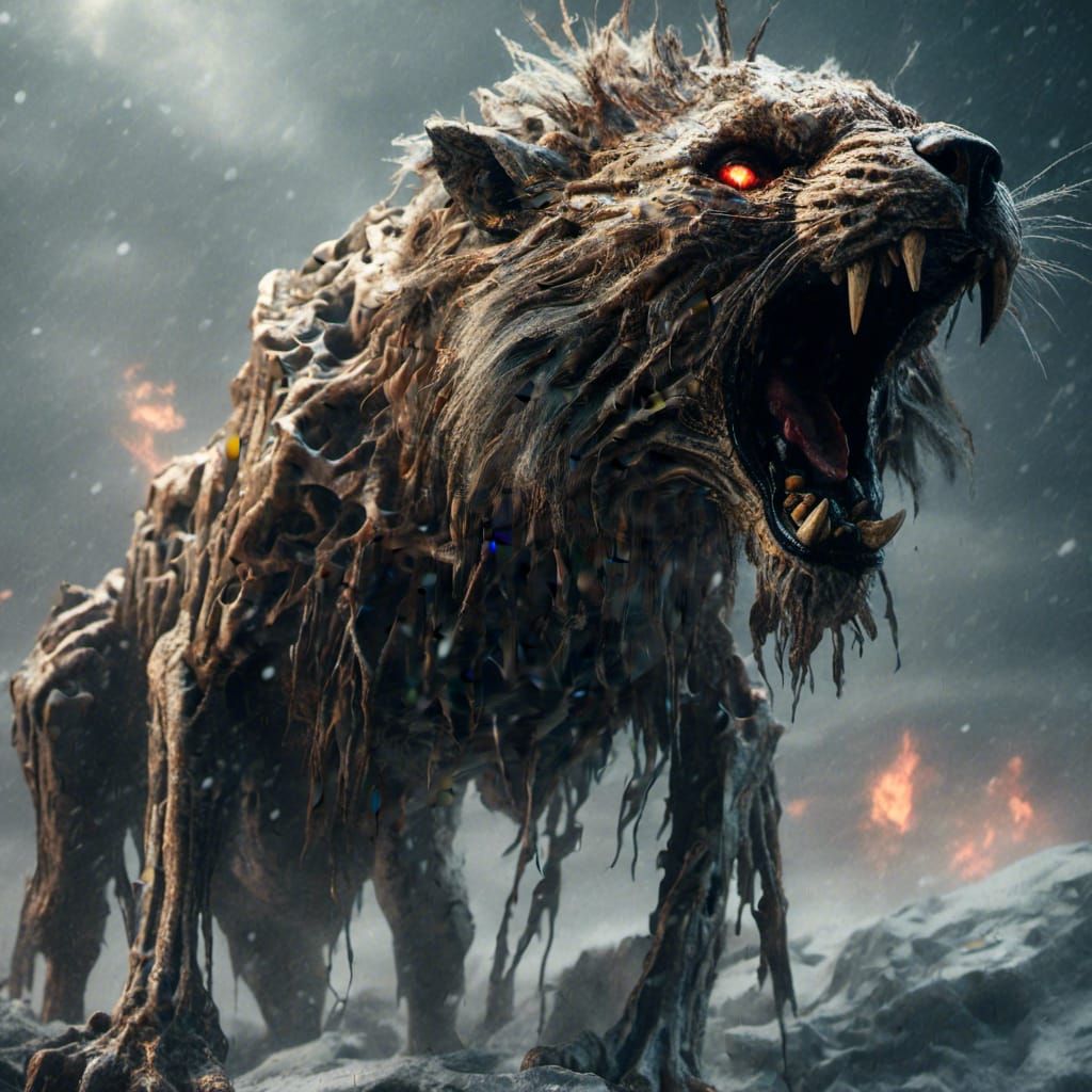 Skeleton Sabertooth Roaring in Blizzard: Macabre Digital Art