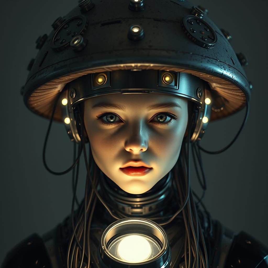 Cyberpunk Mushroom Girl Portrait in Biomechanical Style