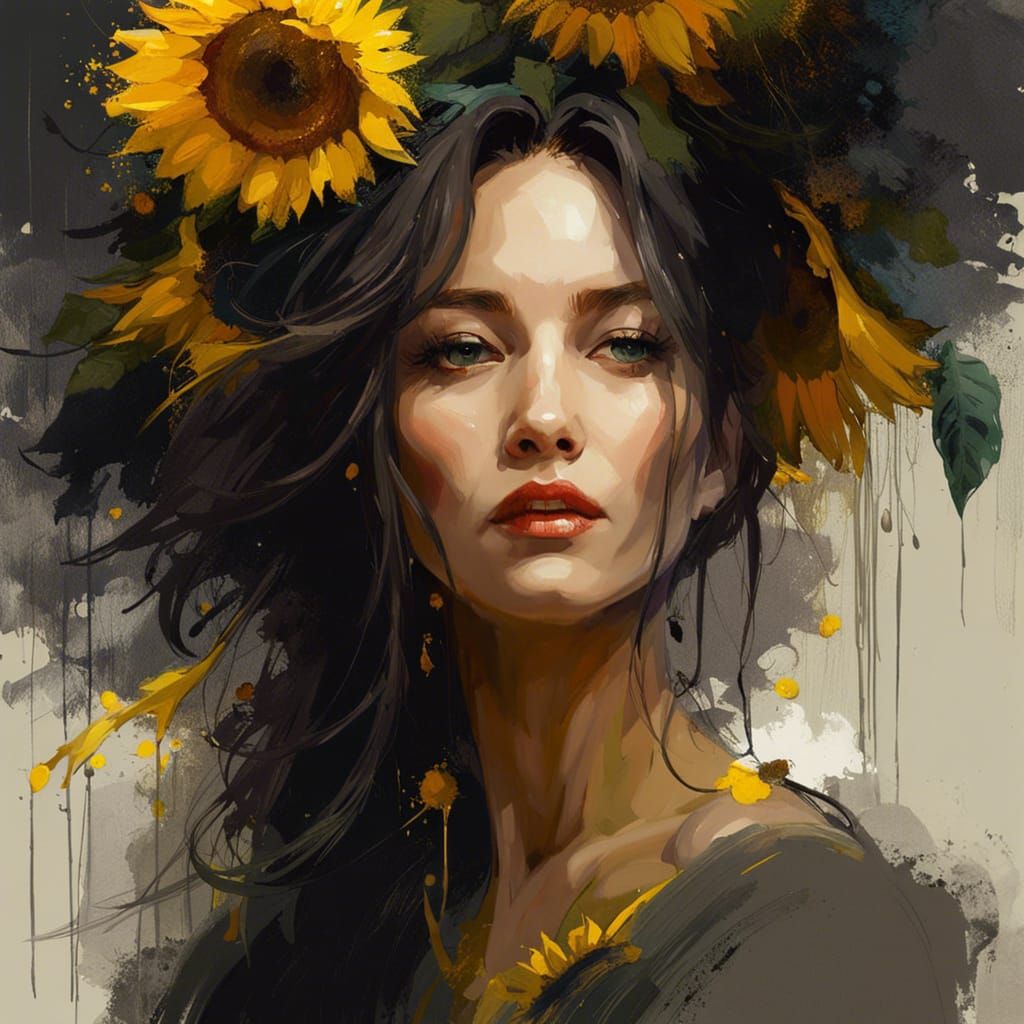 Woman with Sunflower Hair, Oil Painting Style
