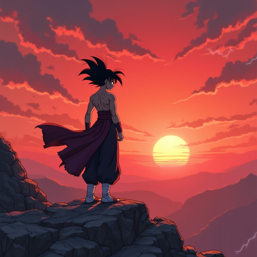 Saiyan Warrior Gazing at Crimson Sunset in DBZ Style