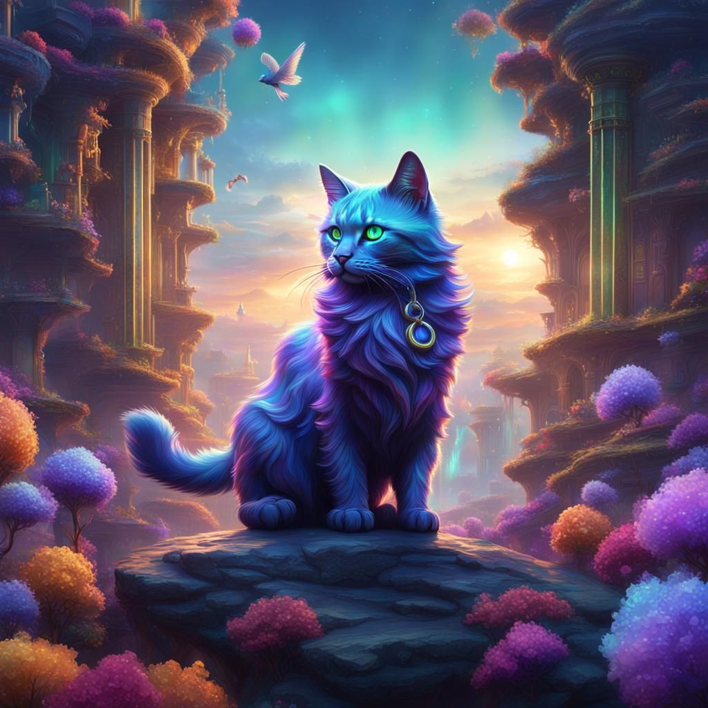 Fantastical Iridescent Cat in Detailed Matte Painting