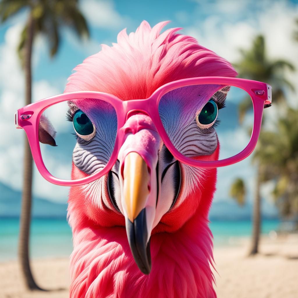 Flamingo with Glasses on the Beach
