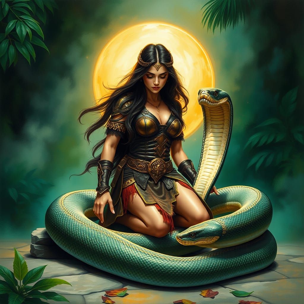 Majestic Warrior Goddess Surrounded by Serpents in a Tropica...
