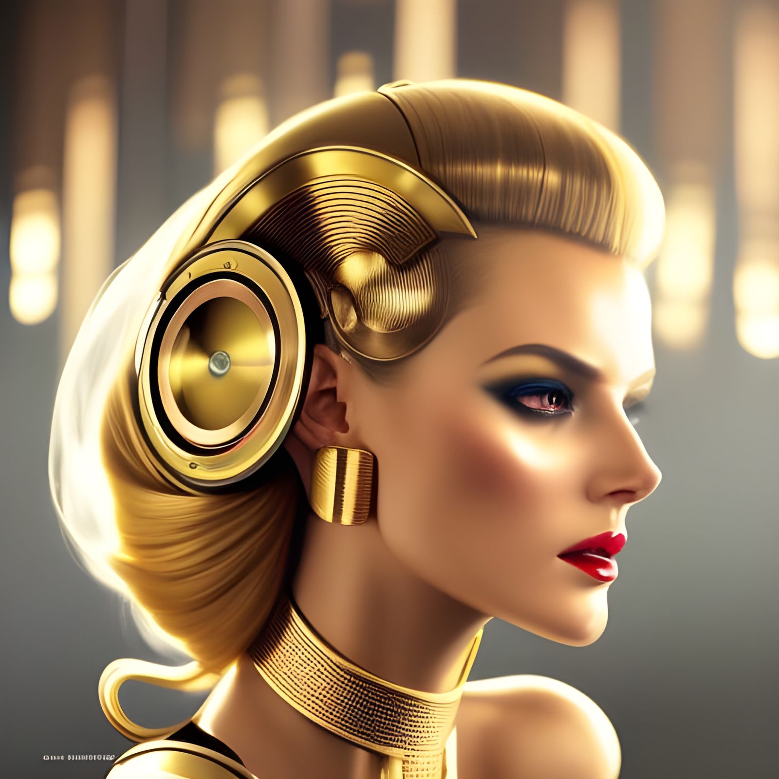 Futuristic Pinup Robot Woman in Metallic Gold