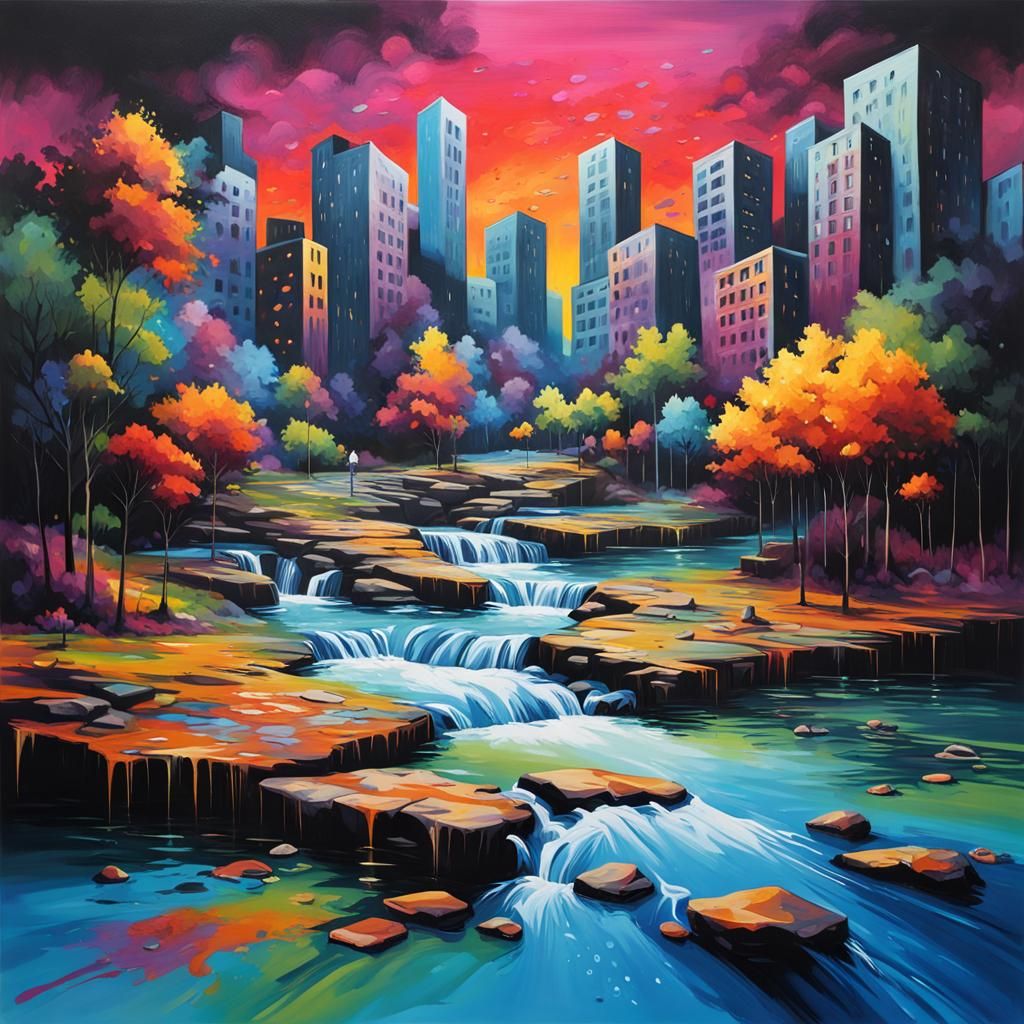 Colorful Graffiti Water Landscape in Street Art Style