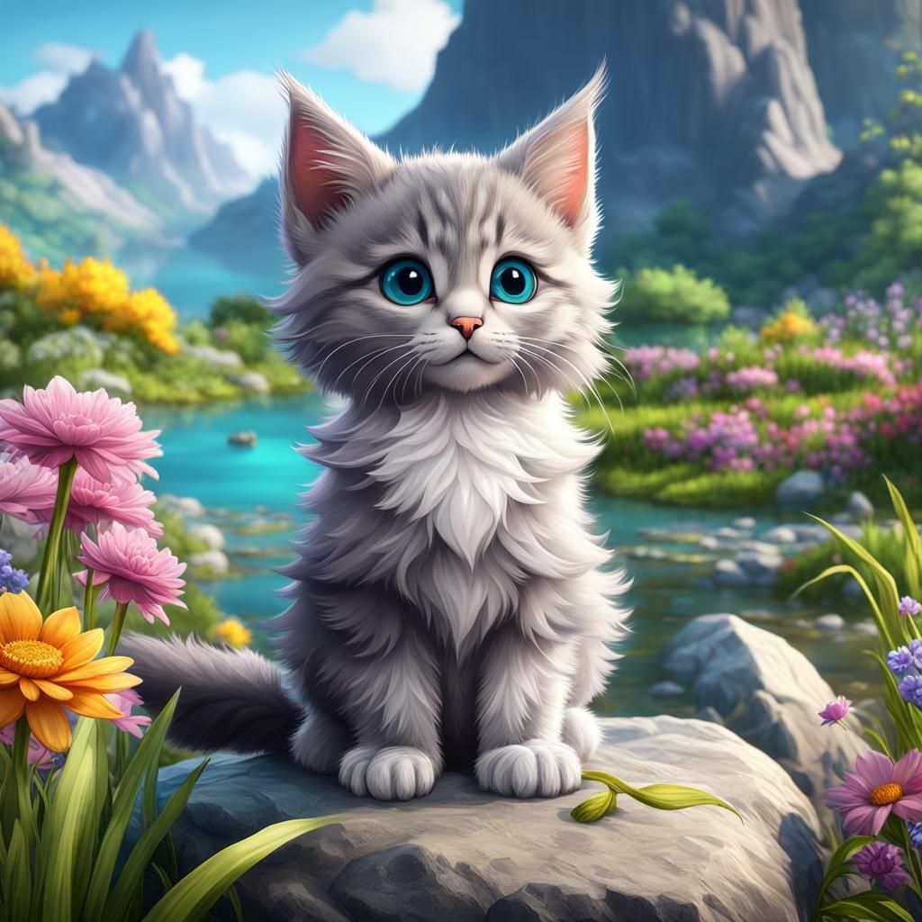 Chibi Kitten in a Fantastical Landscape