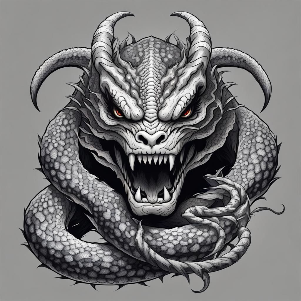 Grayscale Snake-Headed Monster with Claws