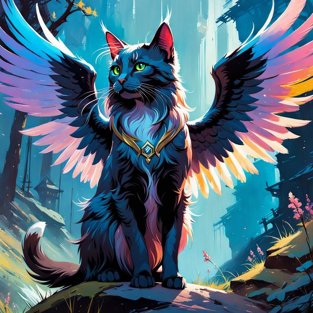 Mythical Angel Cat Liquid Gouache Painting