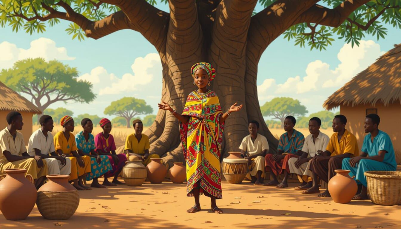 Fullah Girl Addresses Villagers Under Baobab Tree