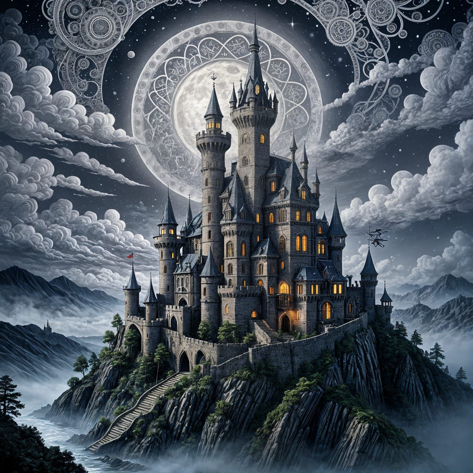 Steampunk Dervish with Gloomy Castle, Vector Fractal