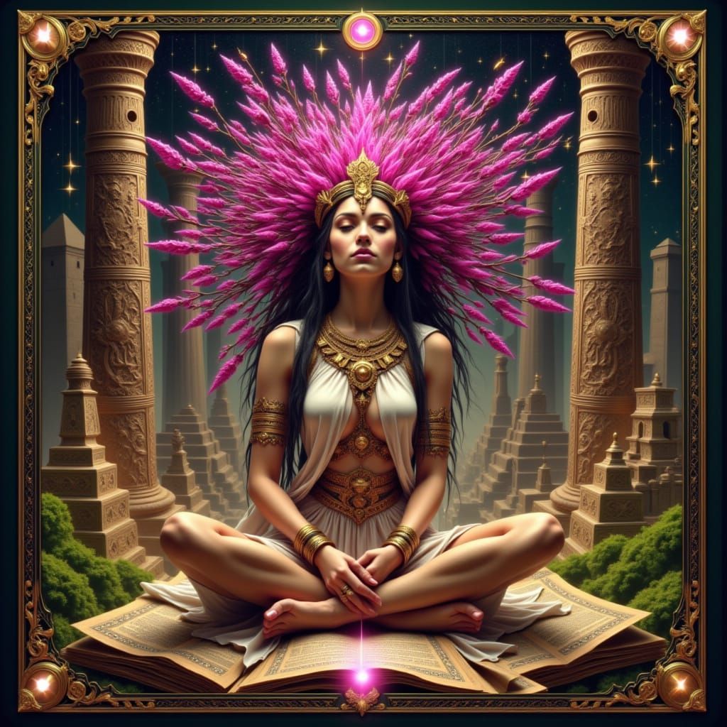 Mesopotamian Oracle Between Ziggurats with Glowing Tarot Fra...