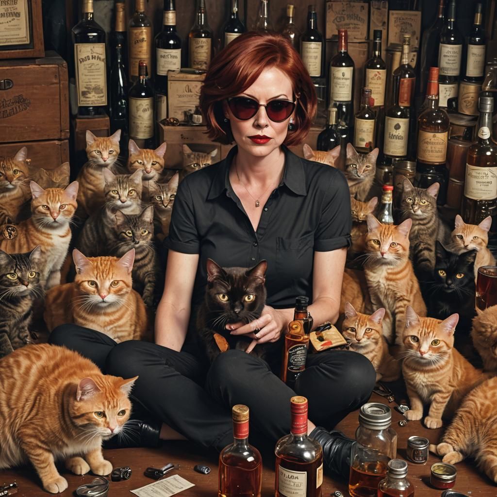 Woman with Cats and Whiskey Bottles: Hyperrealistic Portrait