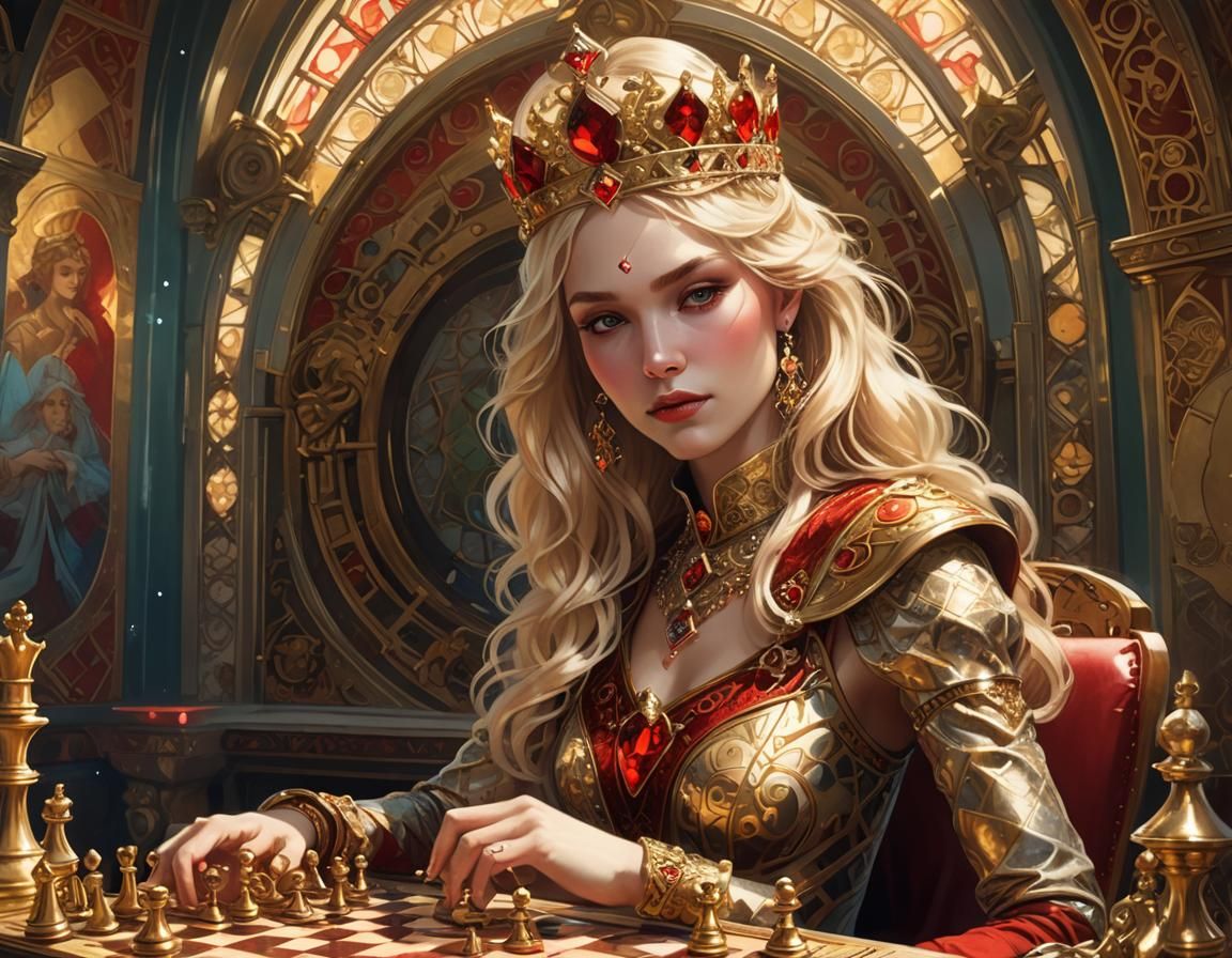 Blonde Queen Playing Chess in Art Nouveau Style