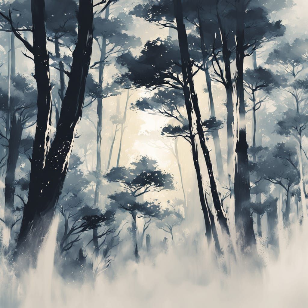 Sunlit Forest in Japanese Ink Style