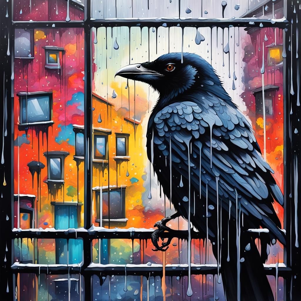 Corvid in Rainy Graffiti Art Style